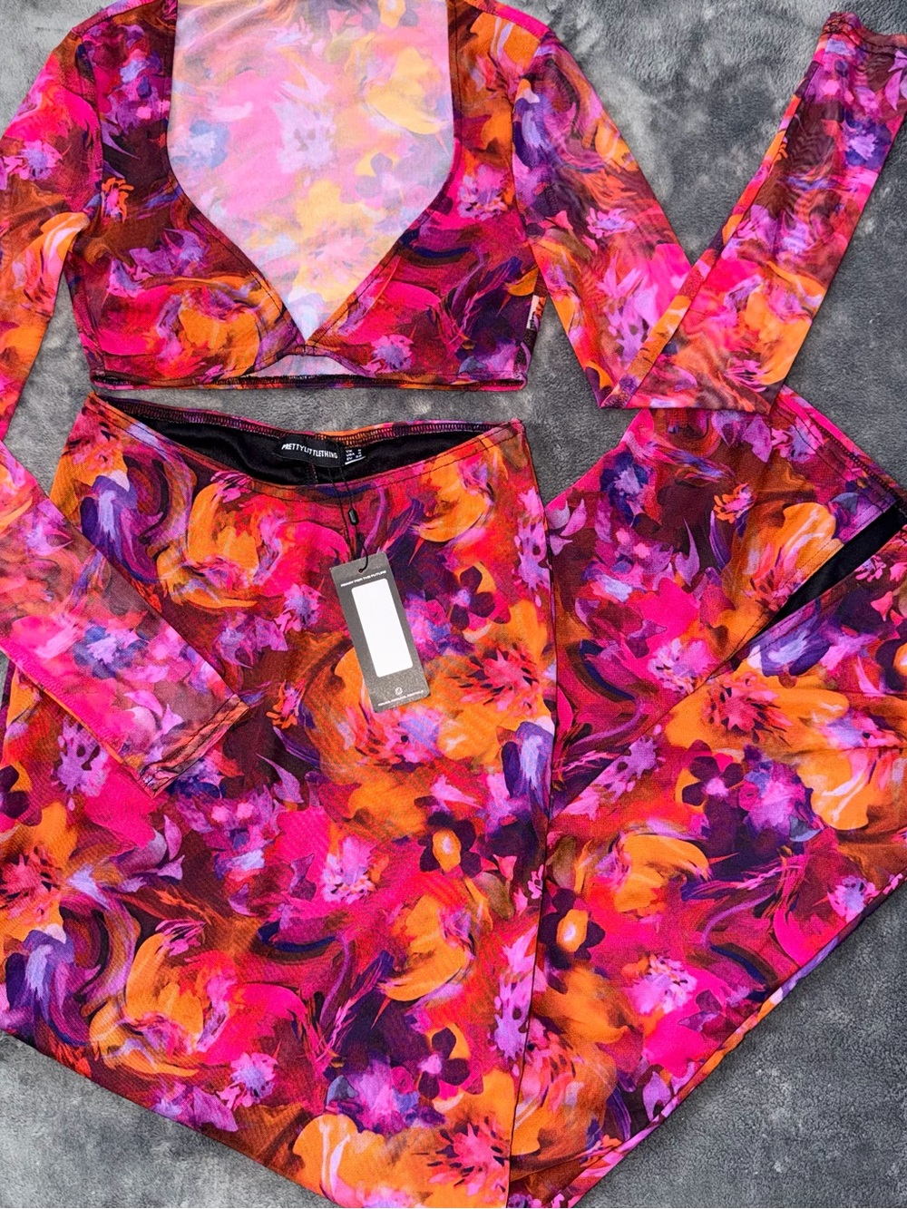 PrettyLittleThing Pink Floral Printed Mesh Low Rise MIDAXI Skirt Set